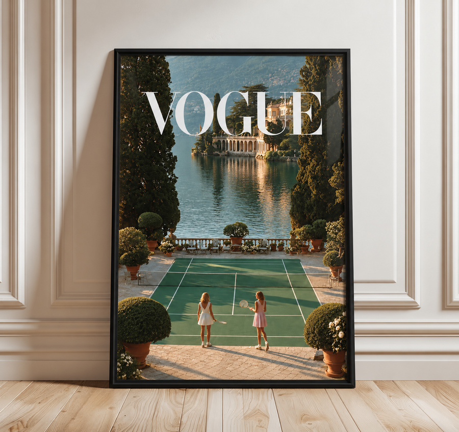 Framed luxury tennis court wall art poster with Vogue logo and green tennis court scene