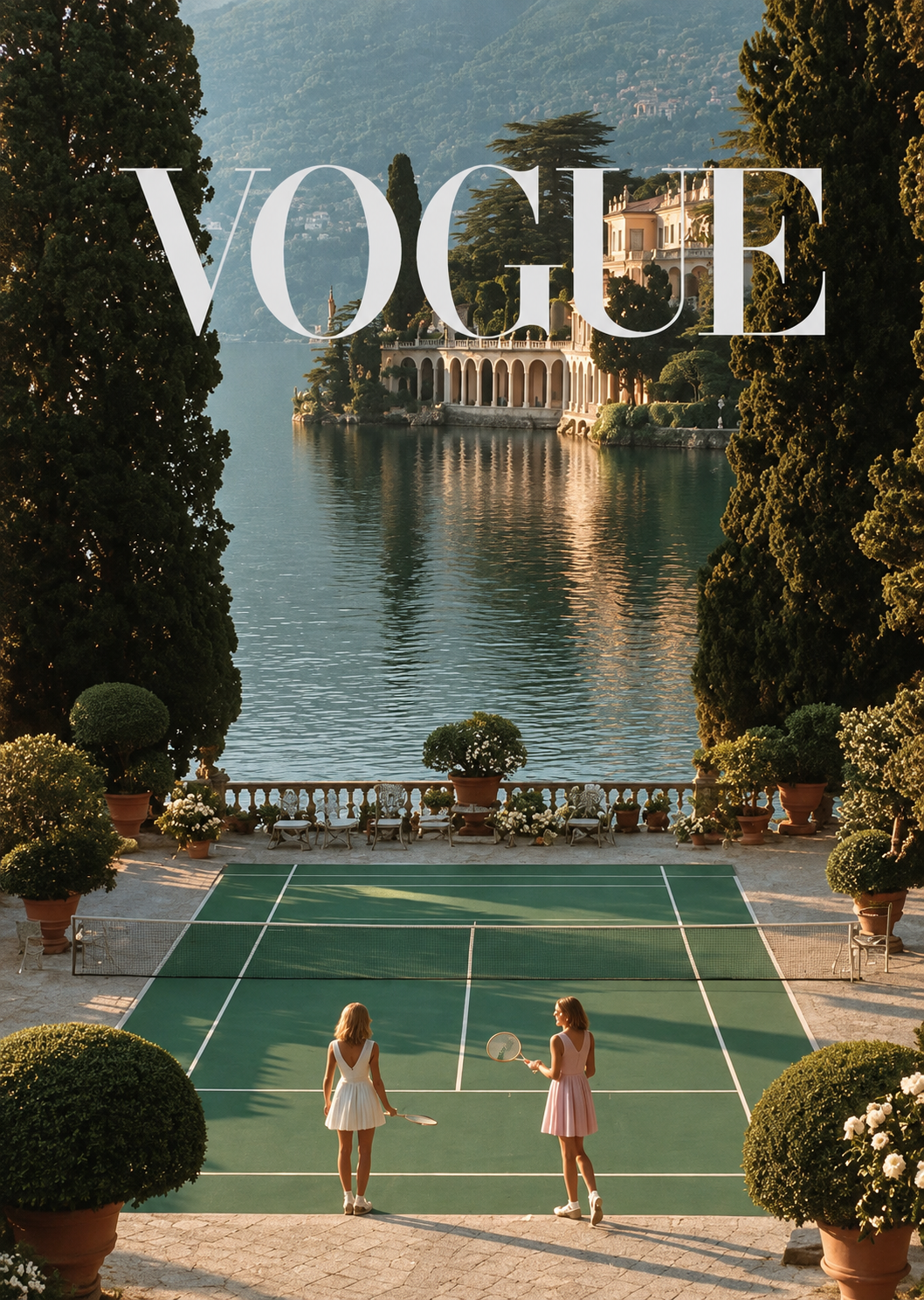 Luxury tennis court wall art poster with Vogue logo over scenic lake and green court