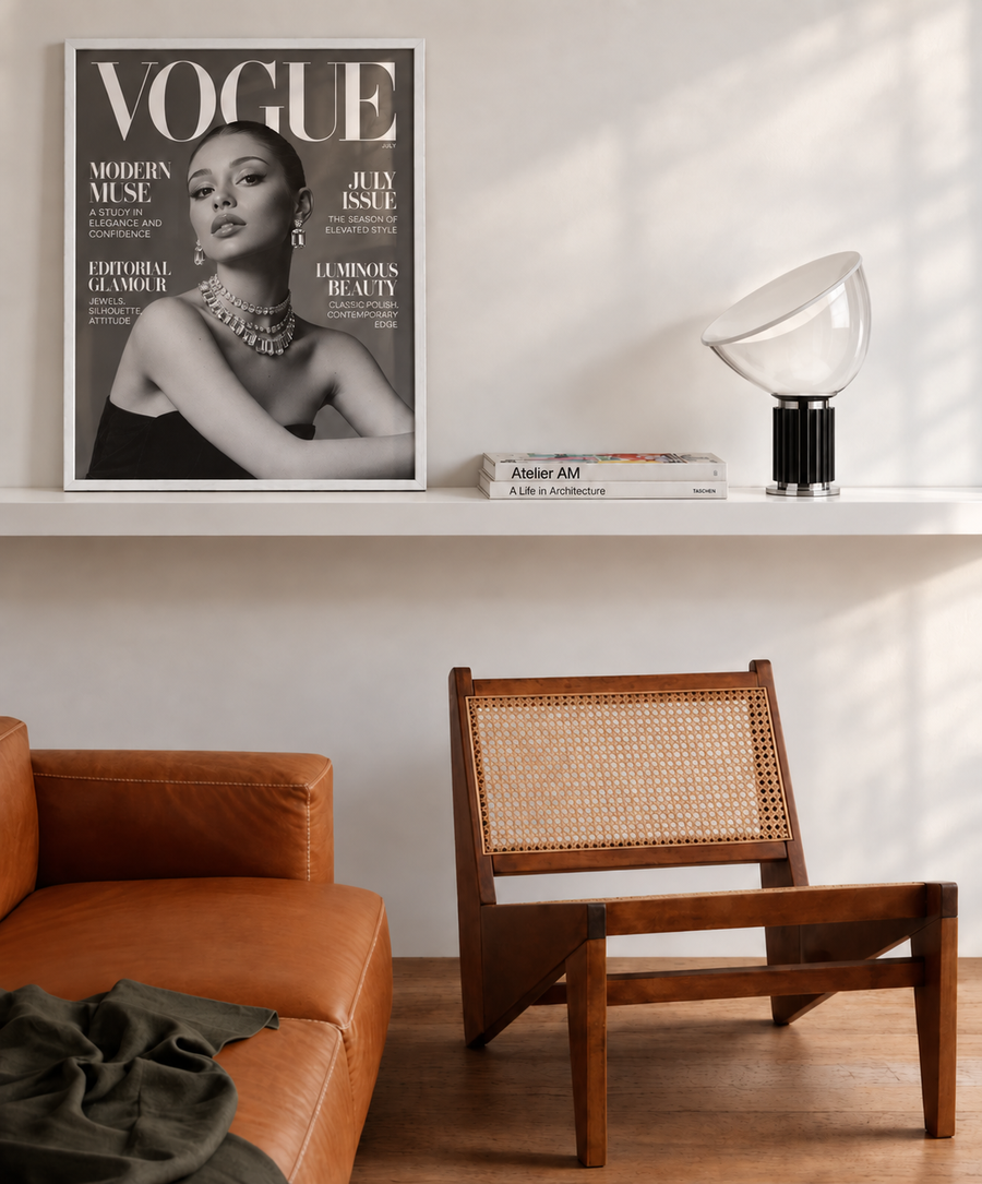 Framed Vogue Modern Muse poster with black-and-white model fashion cover, white frame