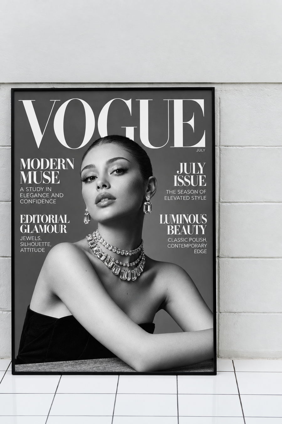 Framed Vogue Modern Muse poster with black-and-white model fashion cover, black frame