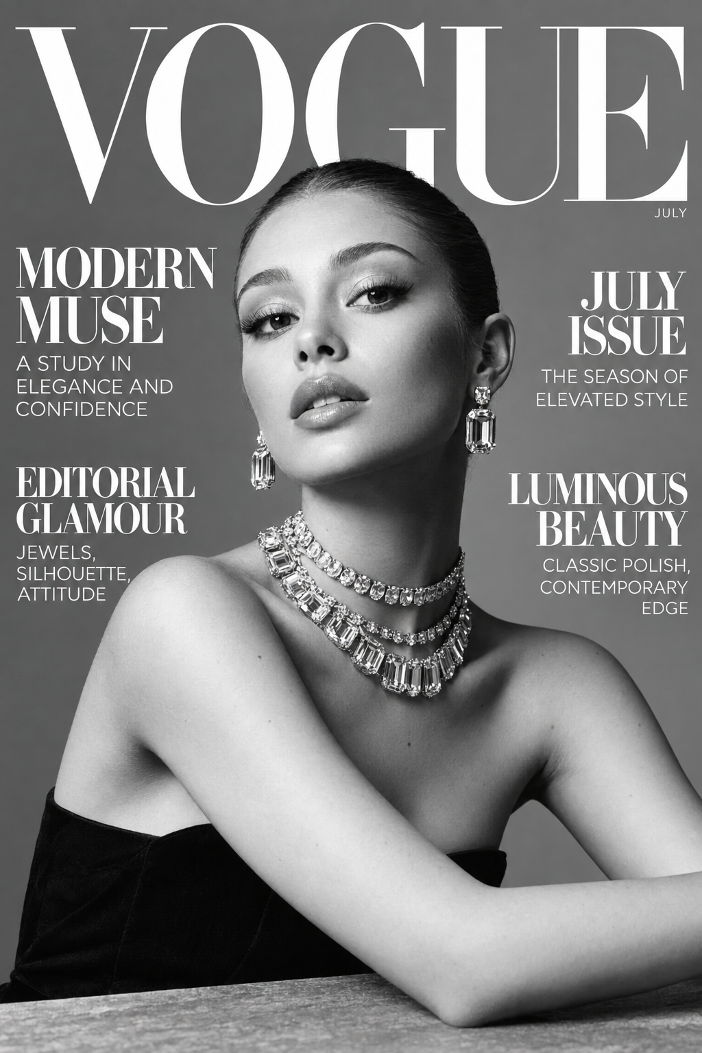 Vogue Modern Muse fashion magazine style poster with black-and-white model portrait