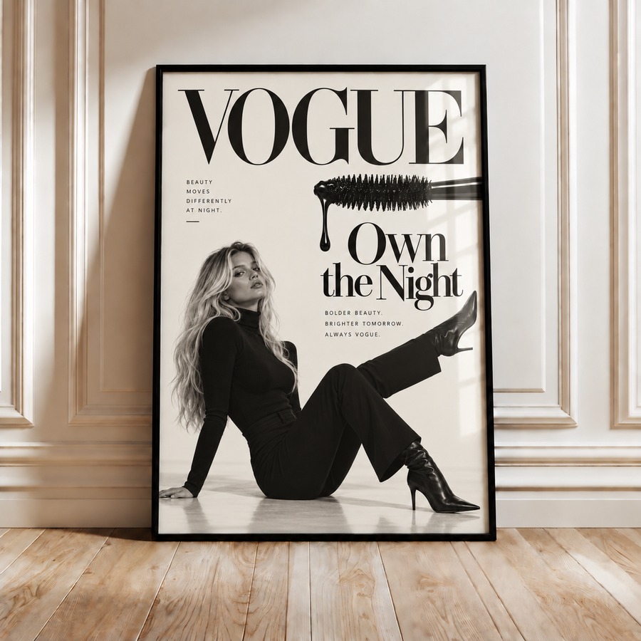 Framed fashion editorial wall art poster featuring Vogue text and woman in black dress