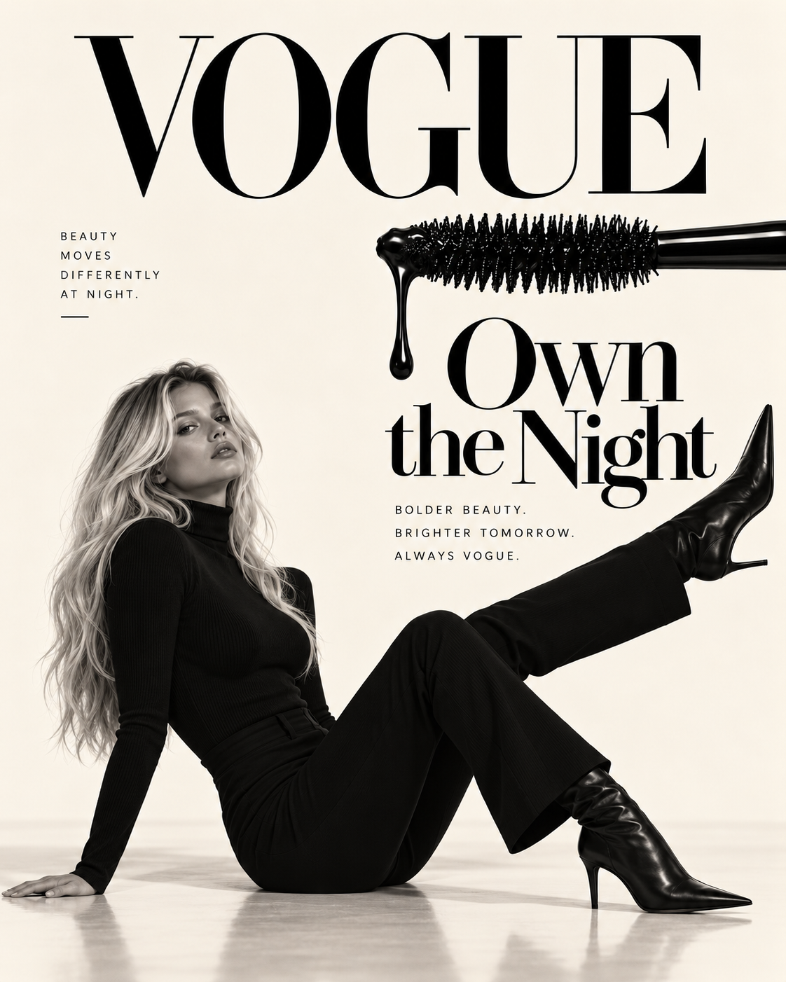 Fashion editorial wall art poster with Vogue typography and seated woman in black outfit