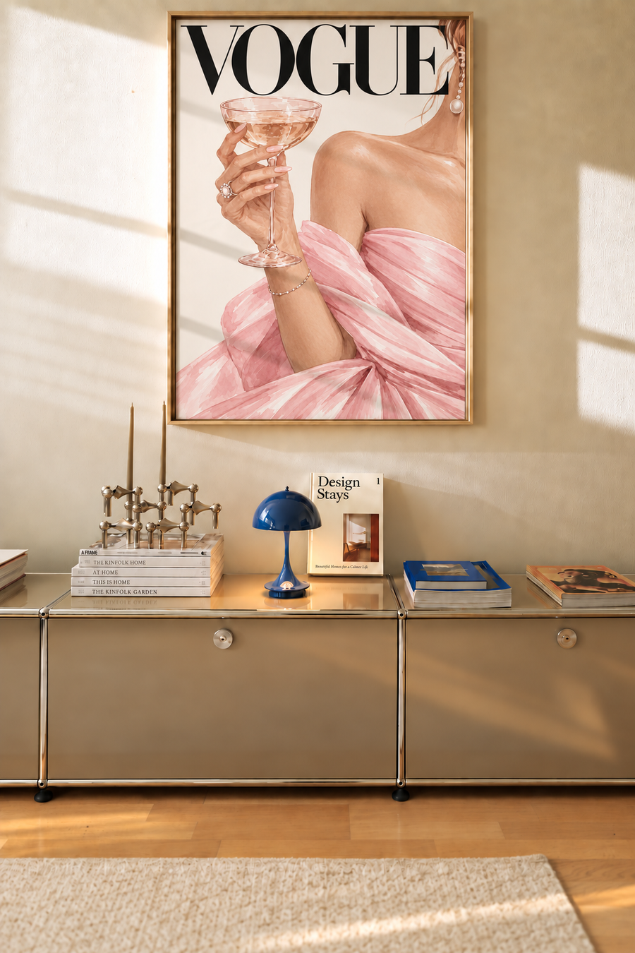 Framed fashion wall art print with VOGUE title, pink dress, champagne glass