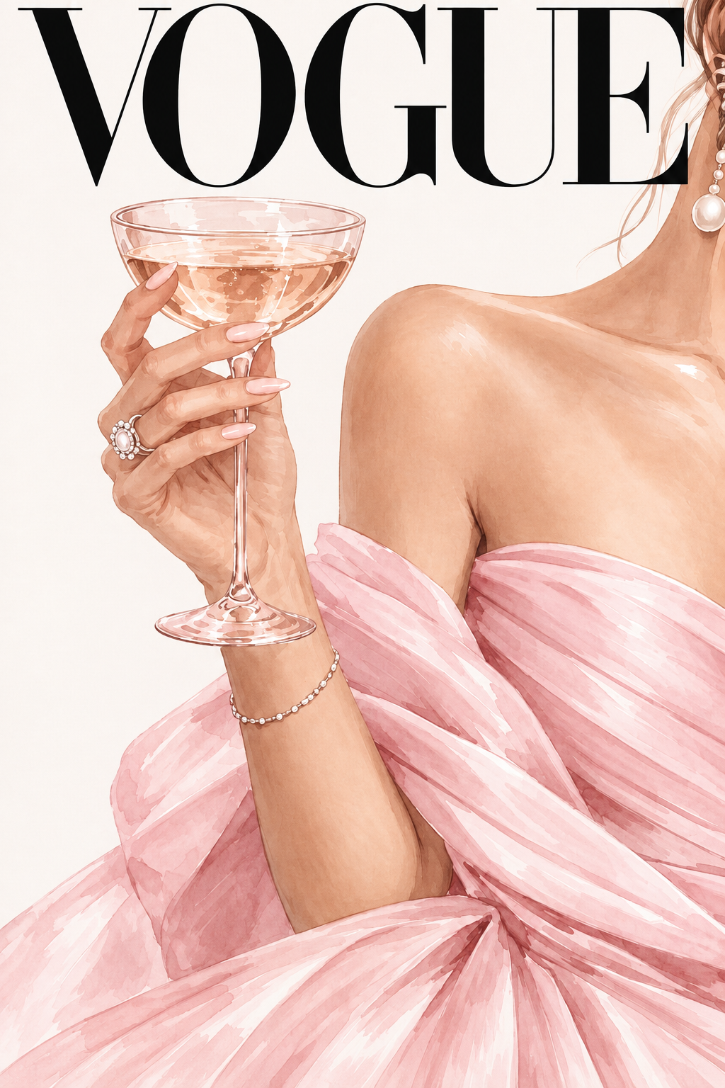 Fashion wall art poster with VOGUE text, pink dress, and champagne glass