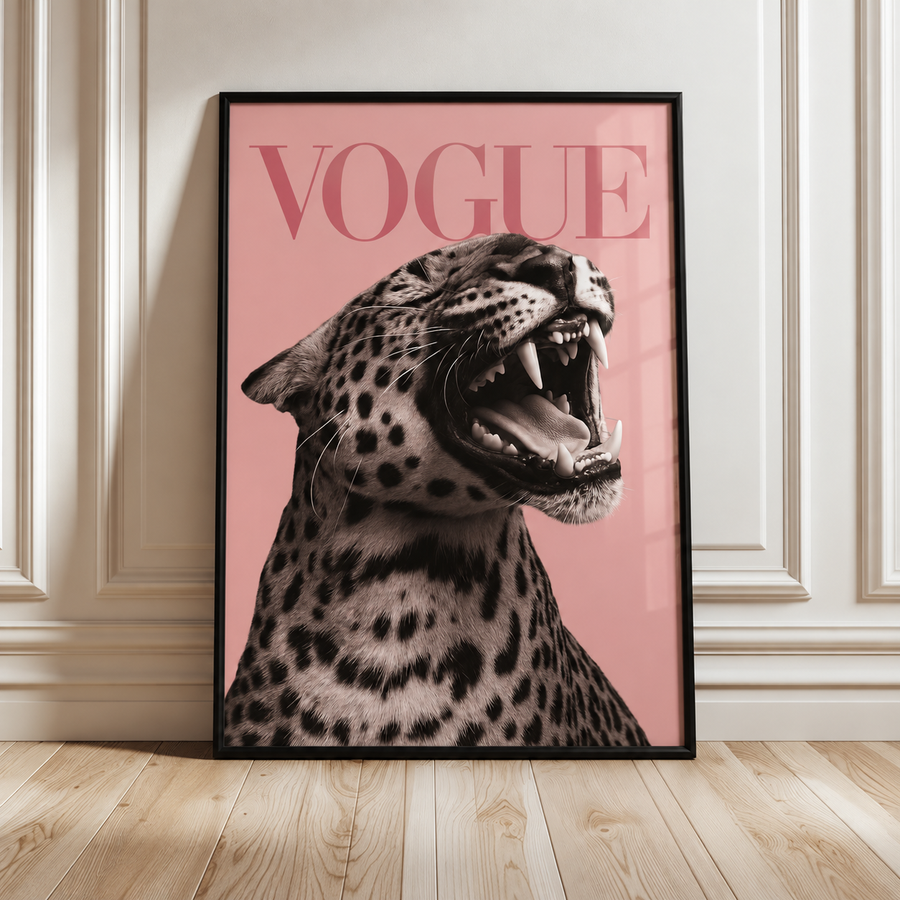 Framed fashion wall art poster with roaring leopard cat and VOGUE title, black frame