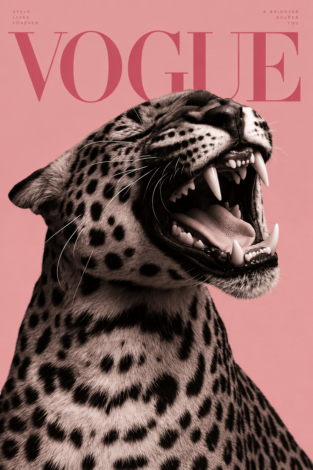 Leopard print fashion wall art poster with roaring cat and pink VOGUE title