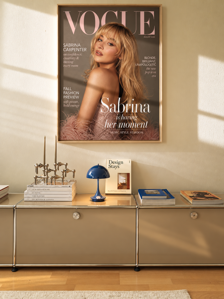 Framed fashion wall art poster with Sabrina Carpenter Vogue cover portrait