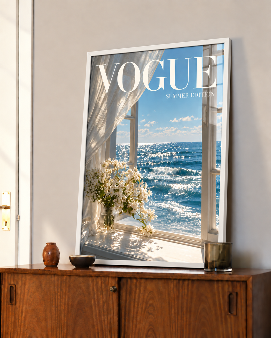 Framed sea-view wall art print with ocean waves, window view, and Vogue Summer Edition title