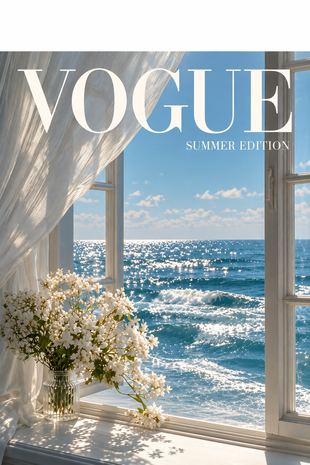 Sea-view wall art poster with window frame, ocean waves, and Vogue Summer Edition text