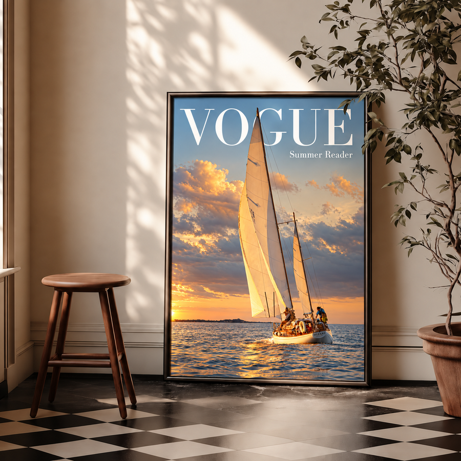 Framed sailboat wall art poster with 'VOGUE' title and 'Summer Reader' text
