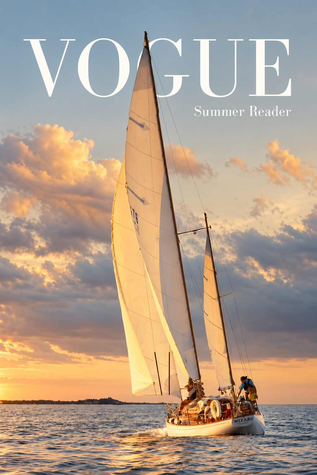Sailboat wall art poster with 'VOGUE' and 'Summer Reader' text at sunset