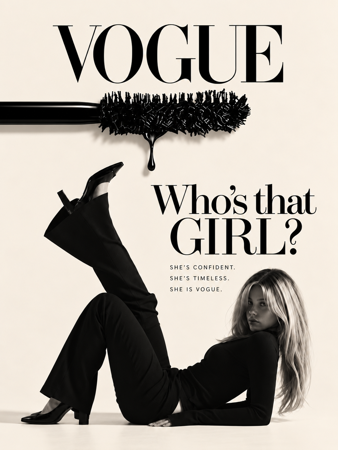 Fashion editorial wall poster with VOGUE title and Who's that GIRL? model illustration