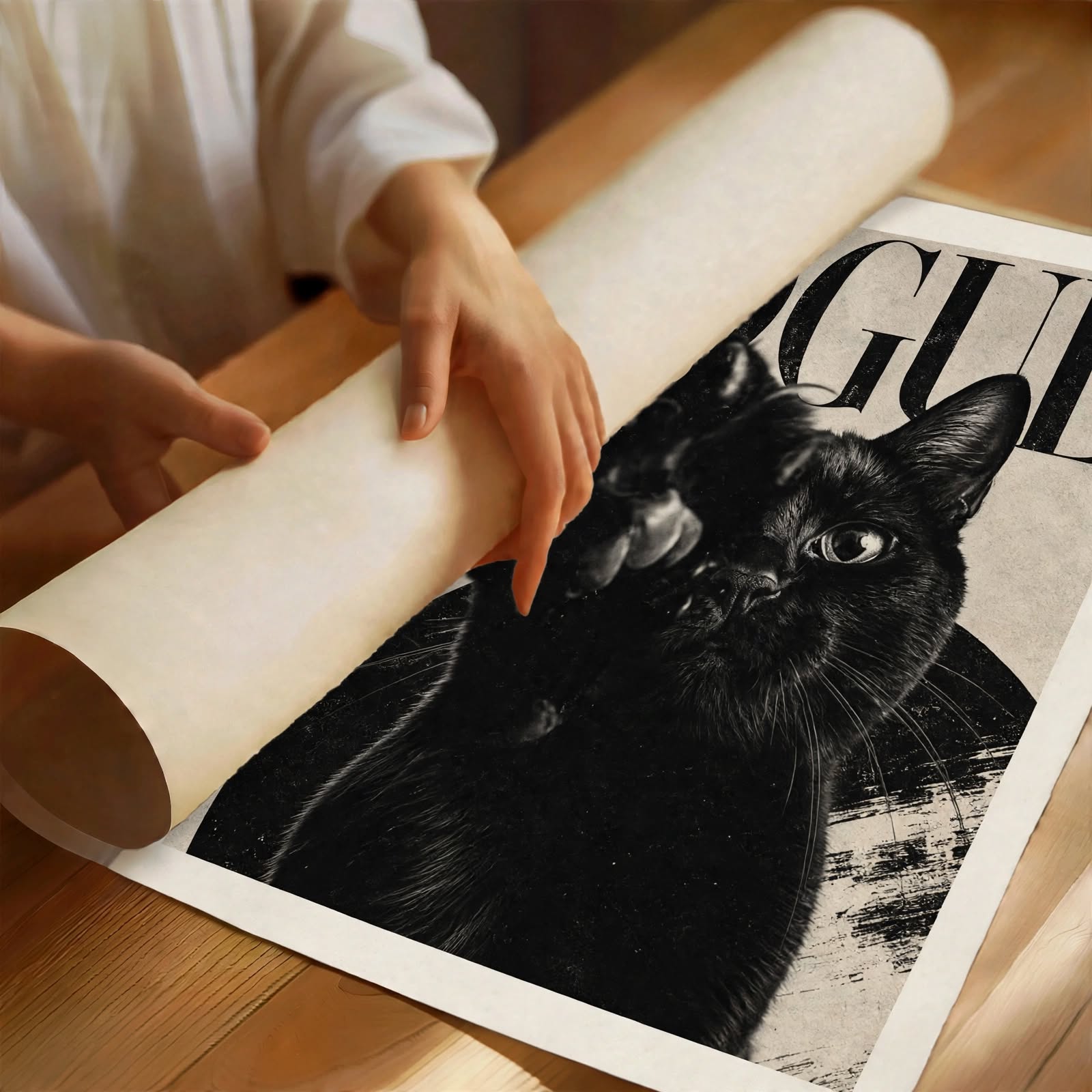 Black Cat Fashion Art Print featuring a stylish black feline portrait with high contrast graphic details