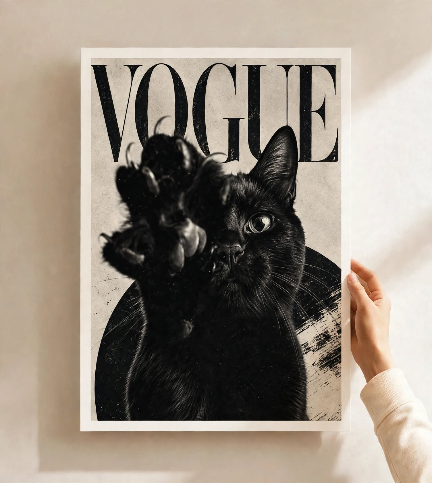 Black Cat Fashion Art Print shown as an unframed poster with striking monochrome portrait artwork