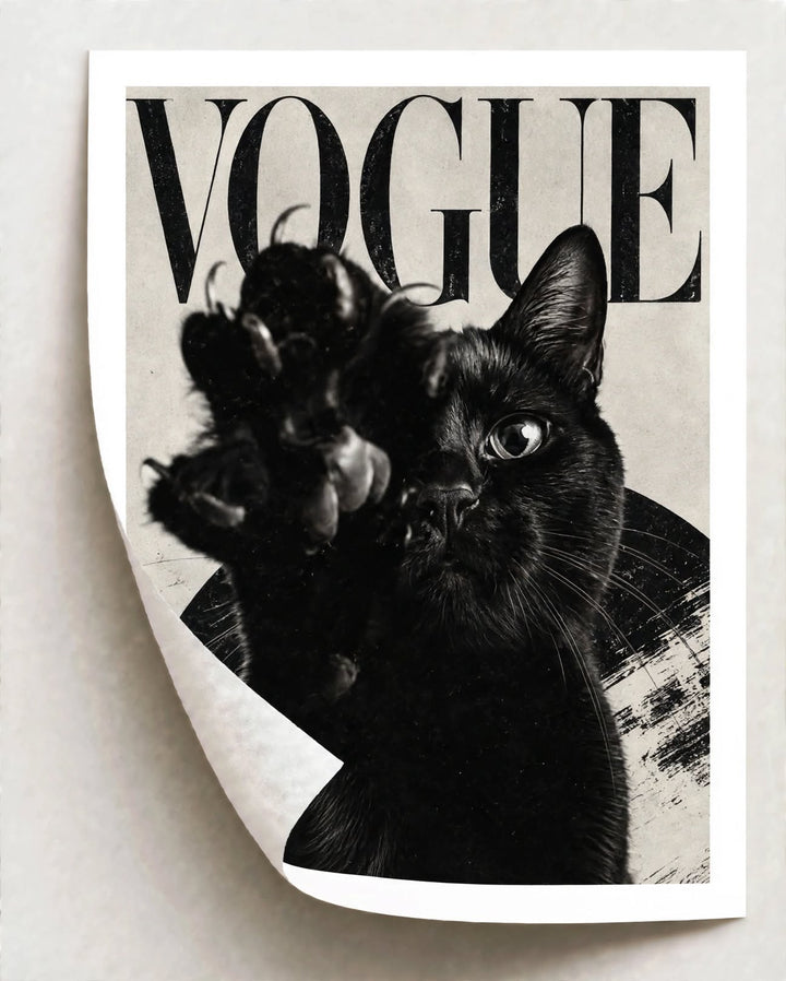 Black Cat Fashion Art Print featuring expressive feline details in a dramatic black and white composition