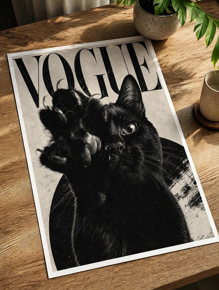 Black Cat Fashion Art Print styled as editorial wall decor for a contemporary living space