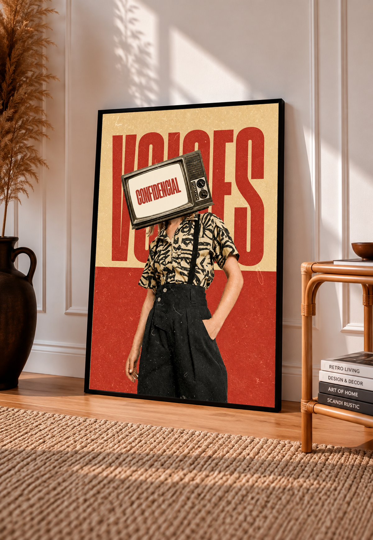 Framed collage poster with bold red lettering and a “confidential” cassette in front