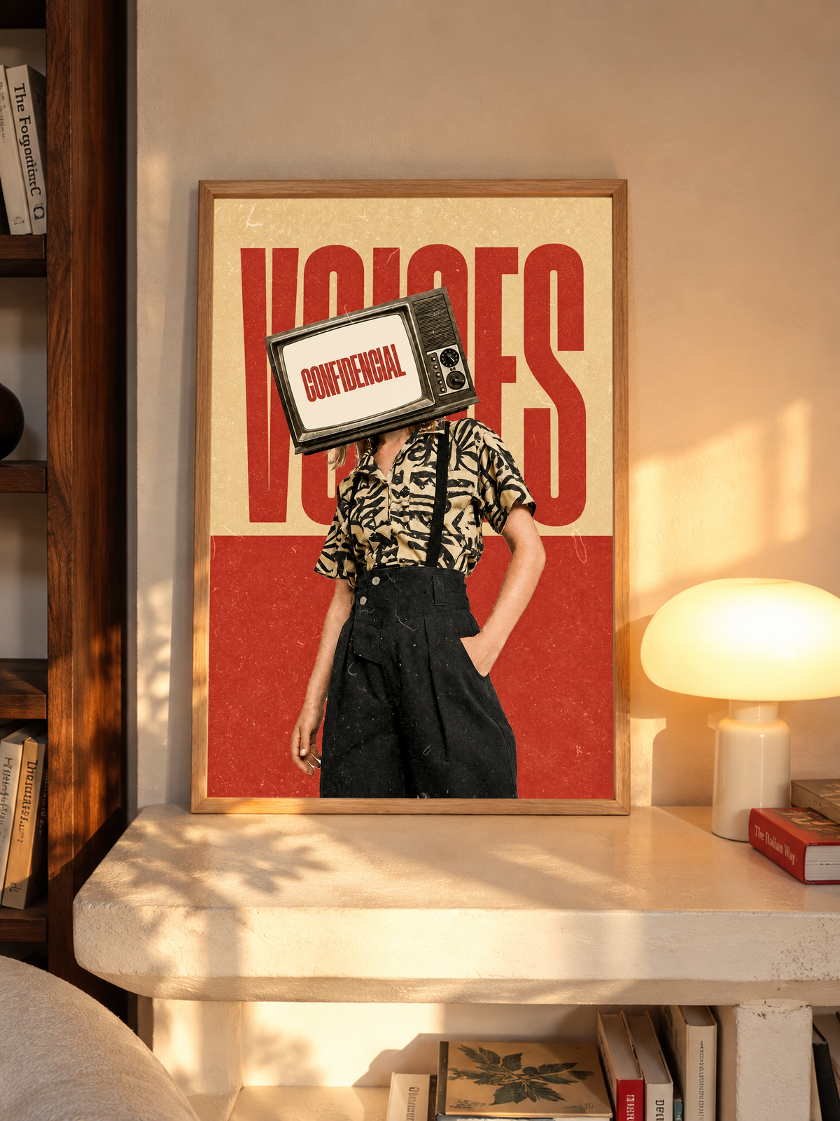 A television-headed figure in a patterned shirt before red Voices lettering in an oak frame above a pale wooden sideboard beside a glowing lamp