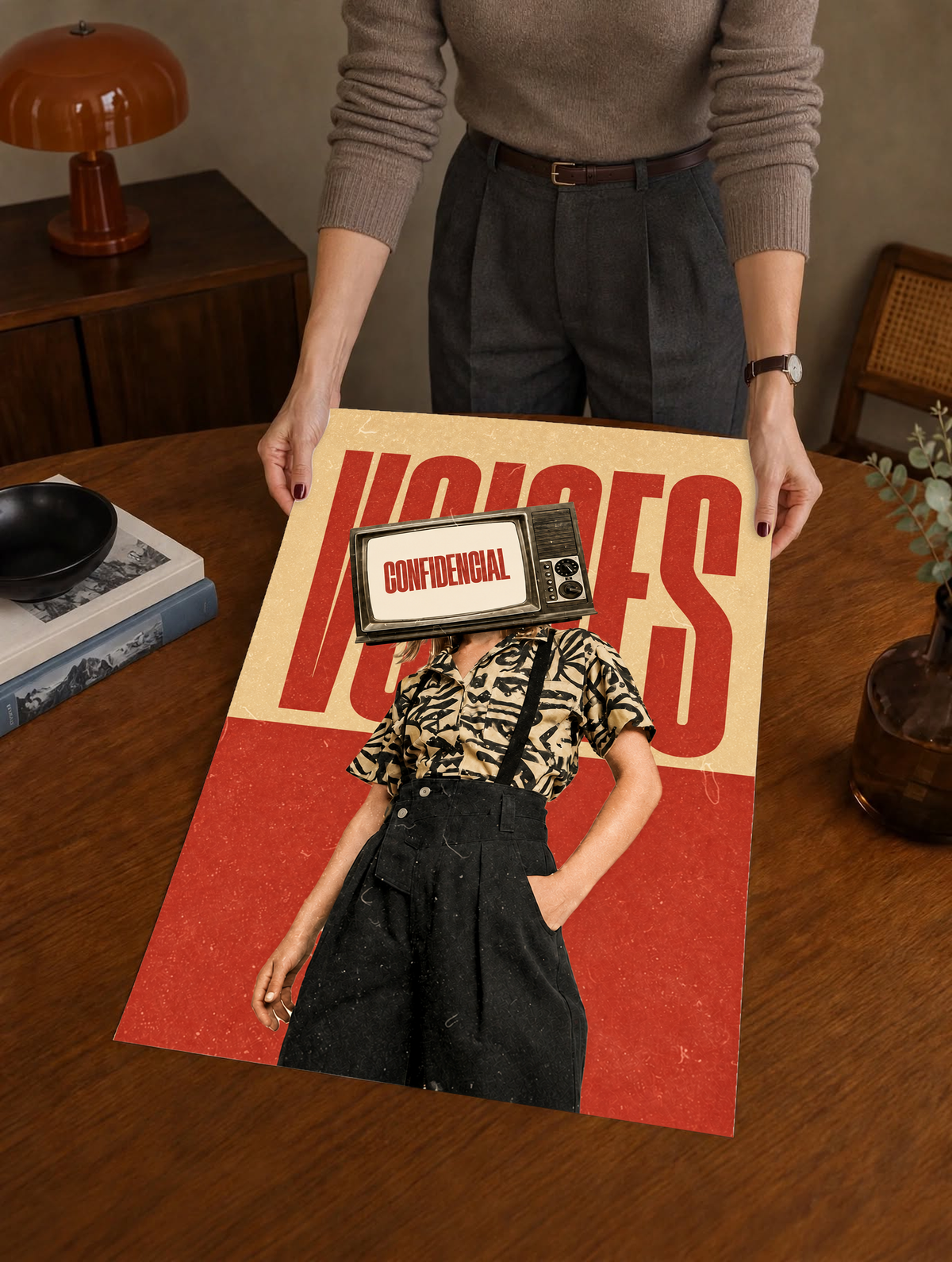 A television-headed figure in a patterned shirt before red Voices lettering as a large unframed poster held above a wooden desk