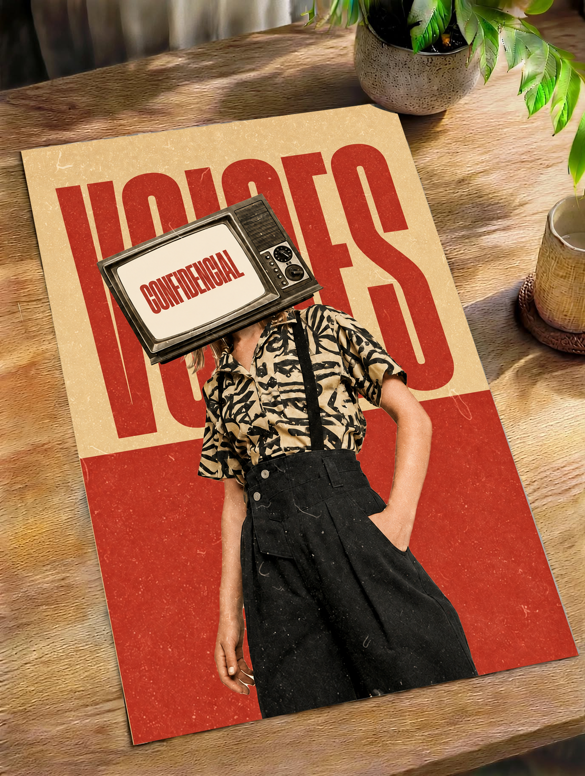 A television-headed figure in a patterned shirt before red Voices lettering as an unframed poster lying on a wooden table beside a plant