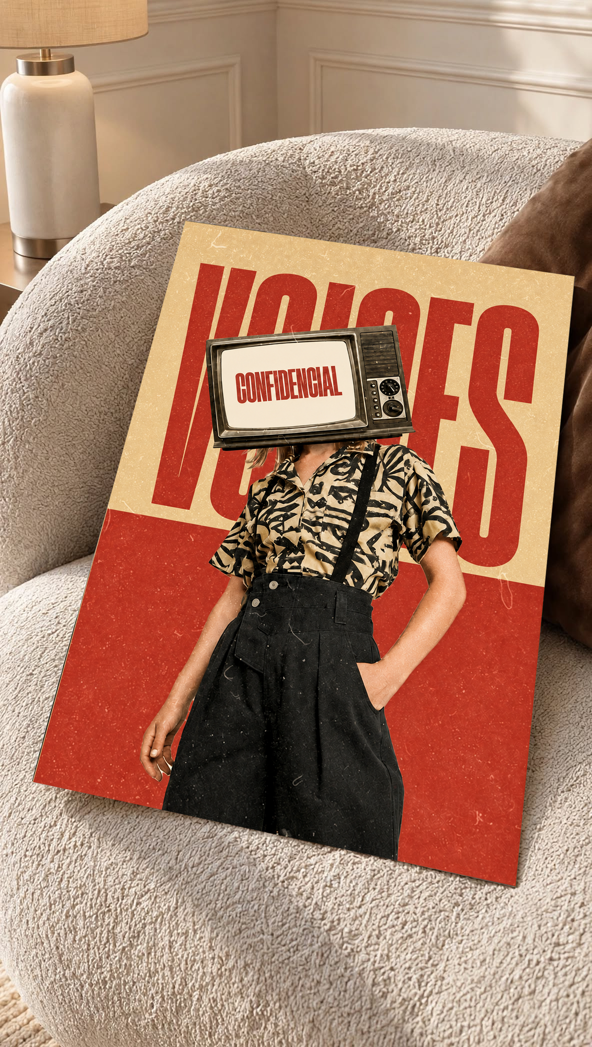 A television-headed figure in a patterned shirt before red Voices lettering as an unframed poster resting on a cream woven chair