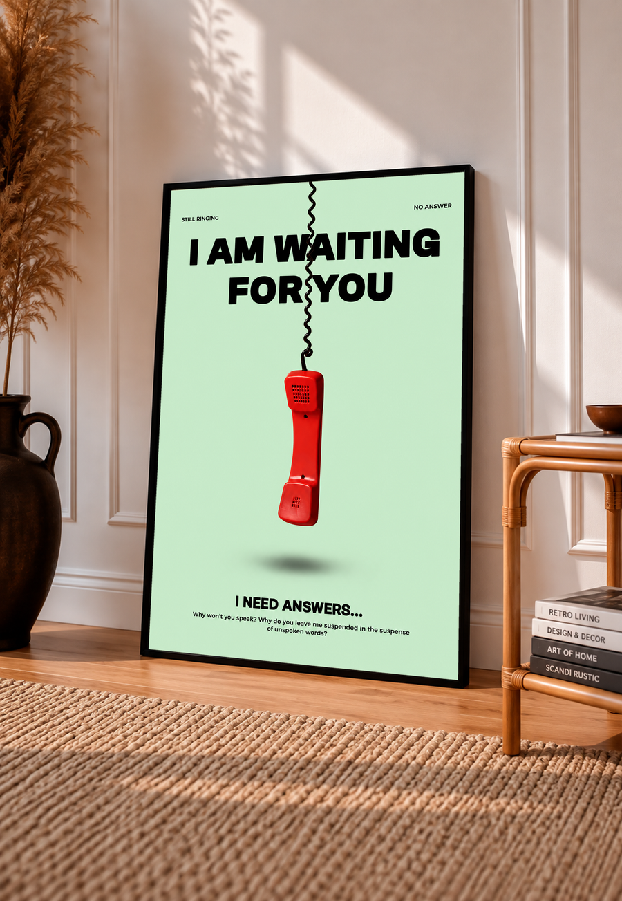 Framed telephone waiting poster with red handset on mint green, black text headline.