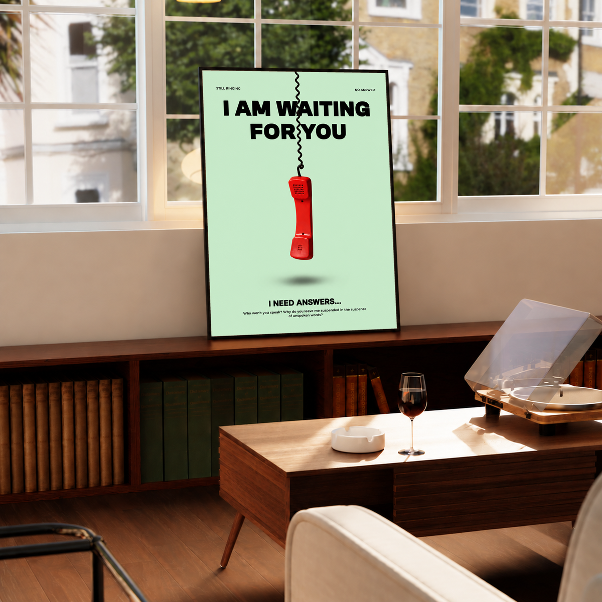 A suspended red telephone receiver and Waiting for You lettering on mint green in a black frame by a bright window above a record player