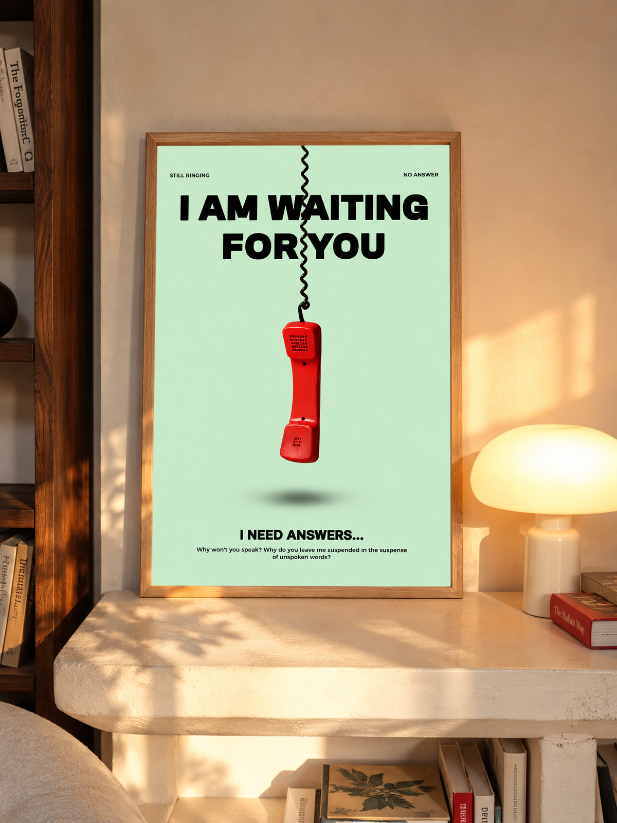 A suspended red telephone receiver and Waiting for You lettering on mint green in an oak frame above a pale wooden sideboard beside a glowing lamp
