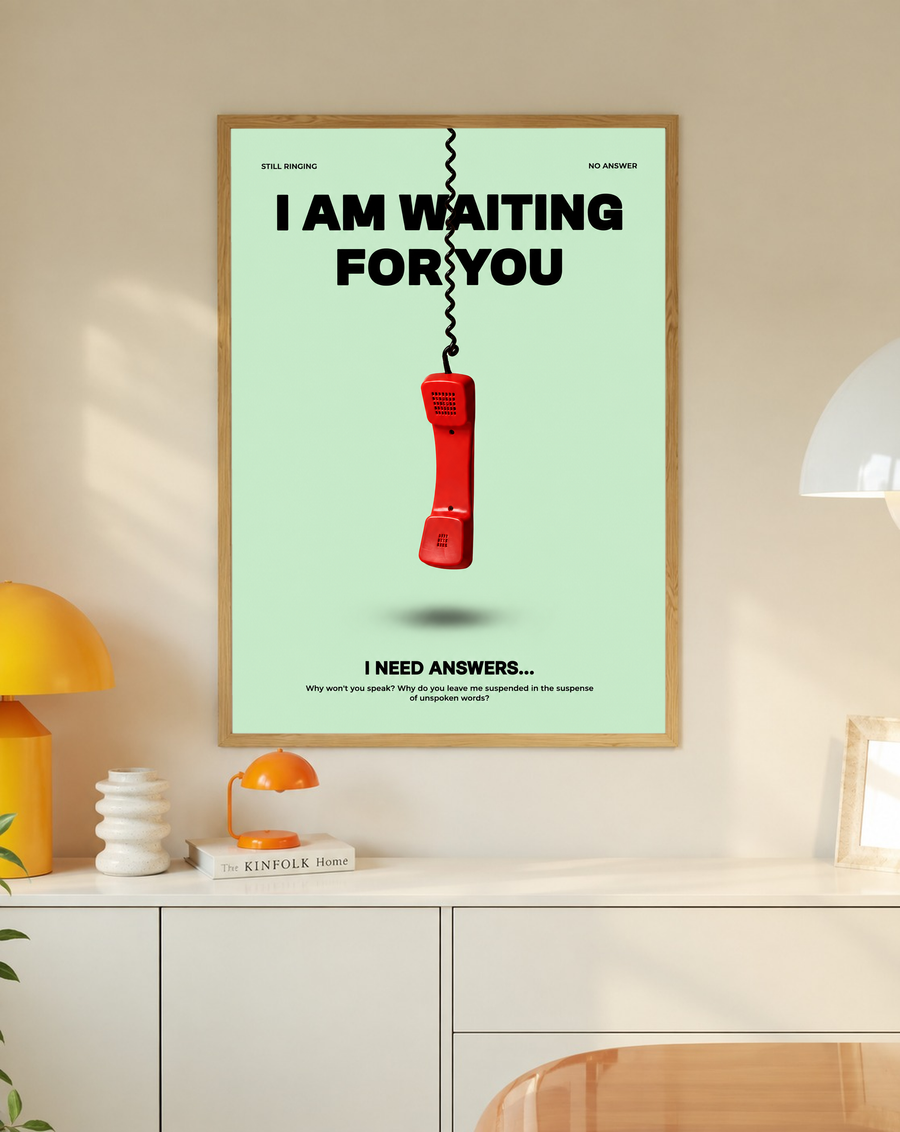 Telephone-themed waiting poster with red receiver on mint green background.