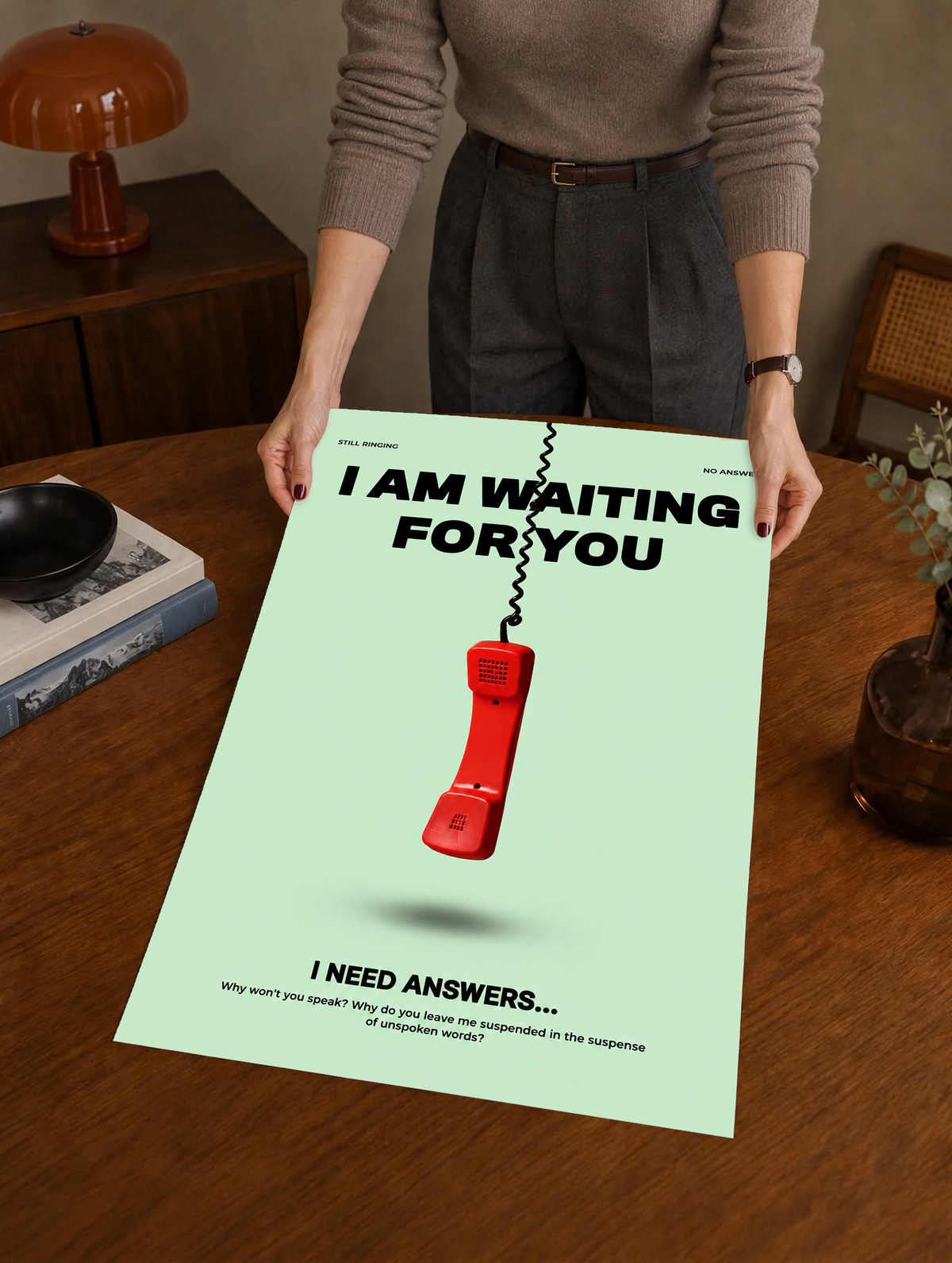 A suspended red telephone receiver and Waiting for You lettering on mint green as a large unframed poster held above a wooden desk