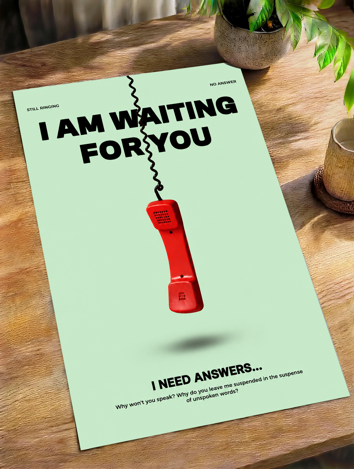 A suspended red telephone receiver and Waiting for You lettering on mint green as an unframed poster lying on a wooden table beside a plant