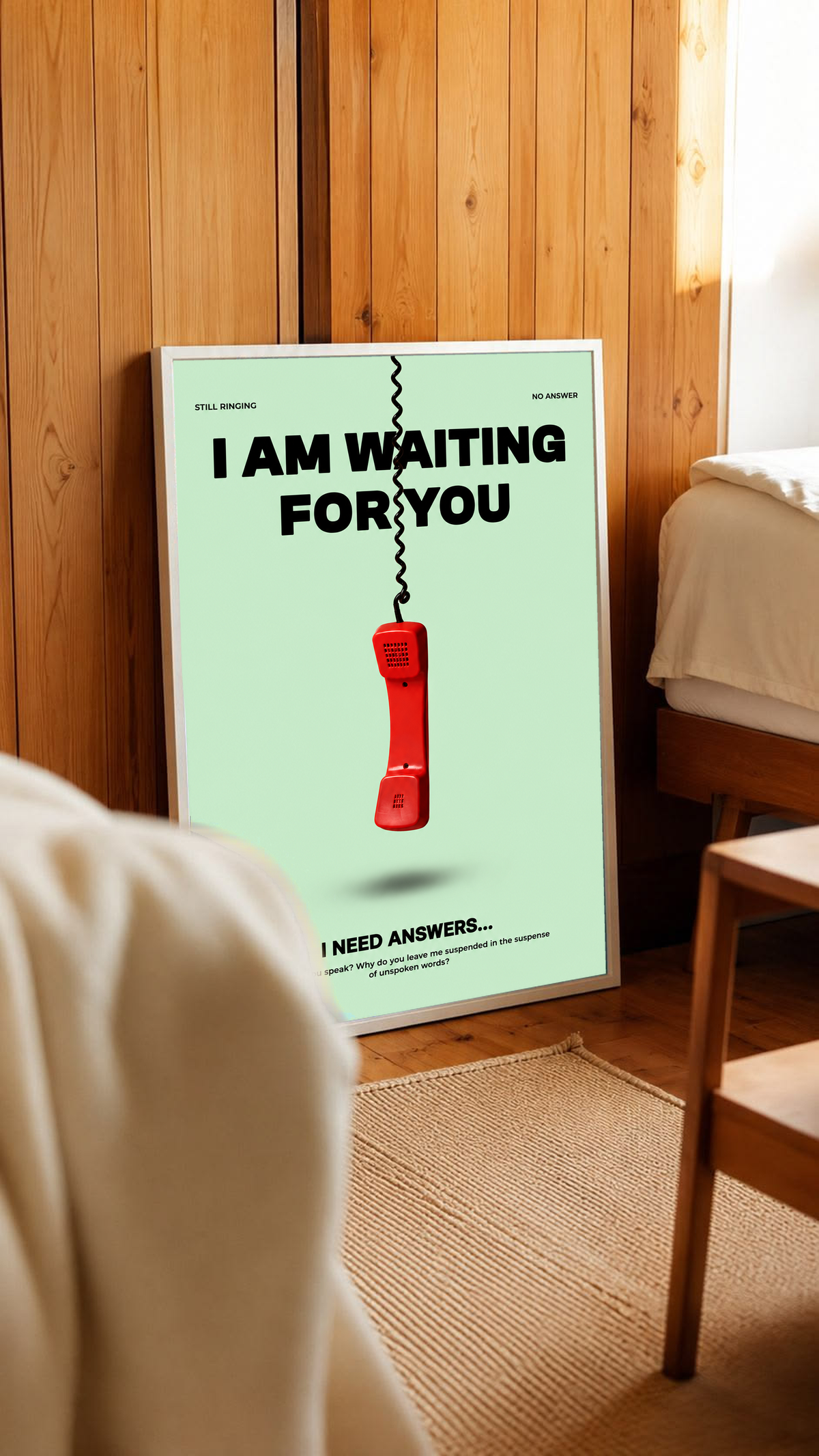 A suspended red telephone receiver and Waiting for You lettering on mint green in a white frame leaning against warm wooden wall panels