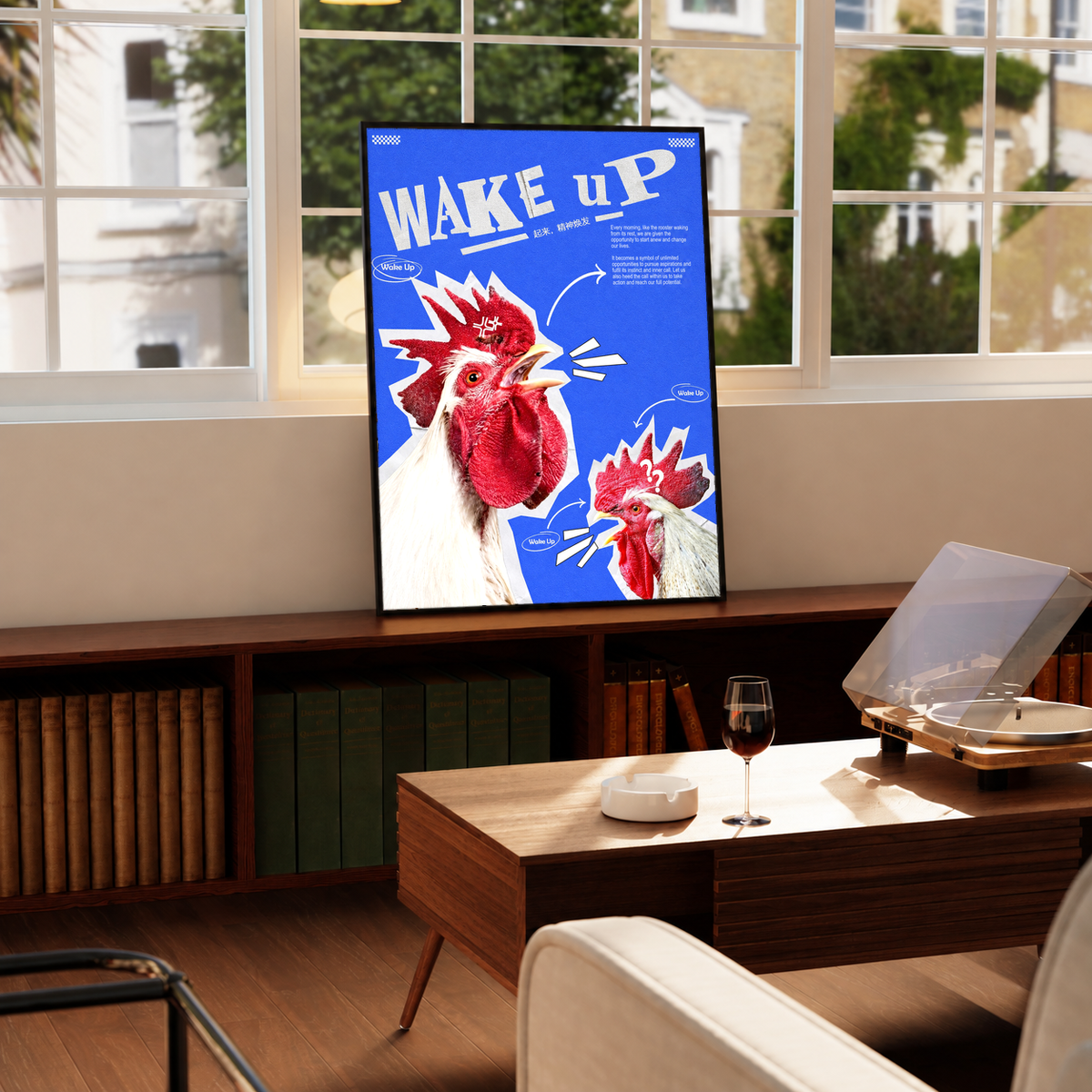 Red and white rooster cutouts with Wake Up lettering on cobalt blue; framed print beside a window