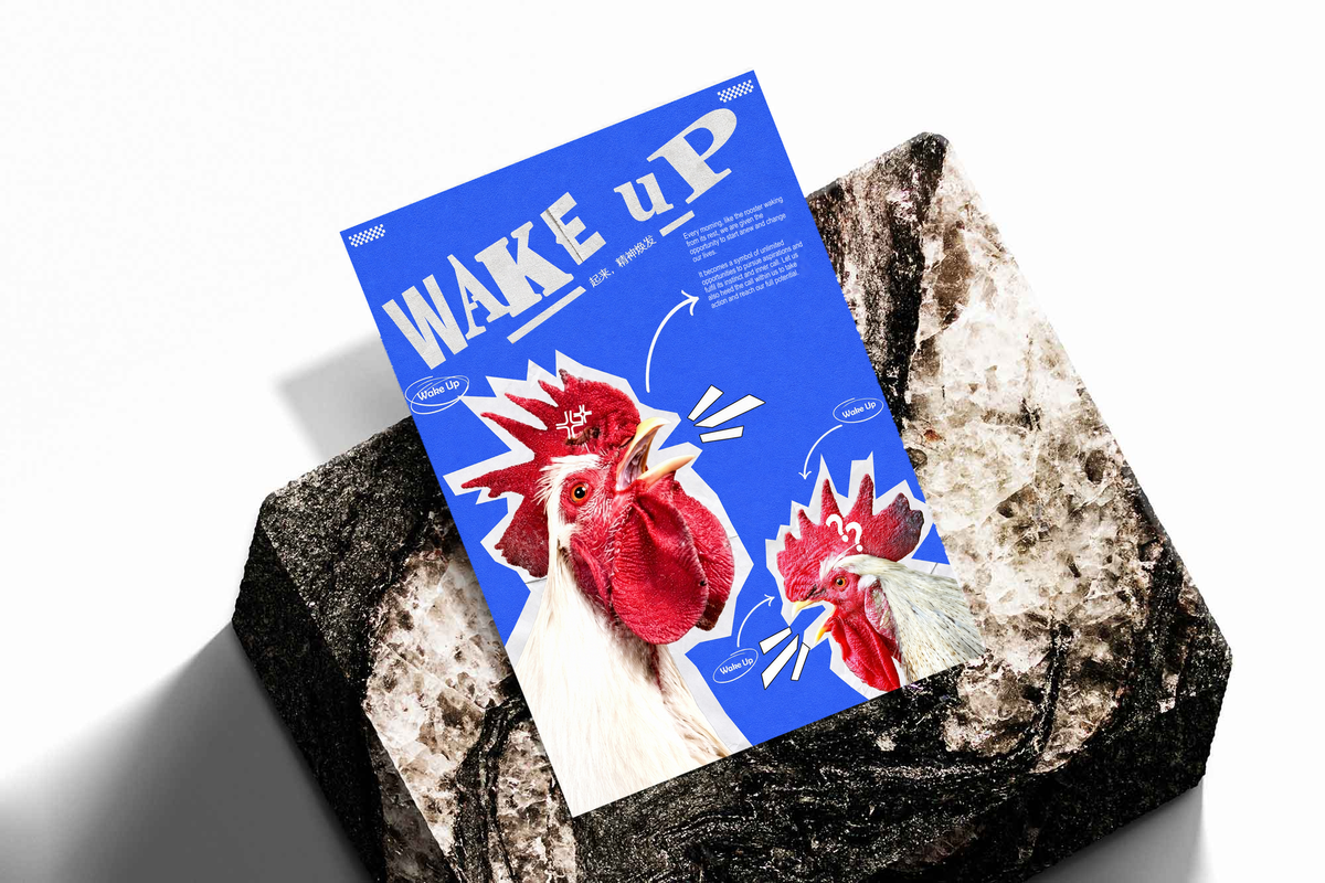 Red and white rooster cutouts with Wake Up lettering on cobalt blue; unframed print on a stone display