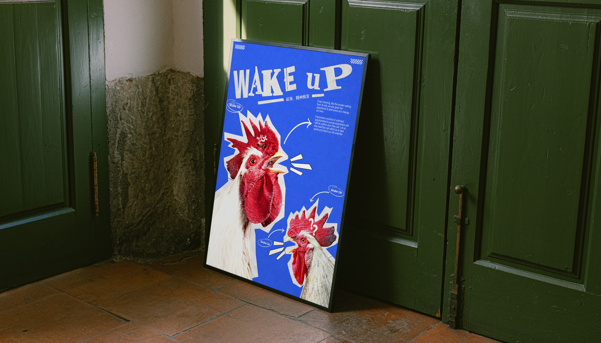 Red and white rooster cutouts with Wake Up lettering on cobalt blue; unframed canvas styled by a green doorway