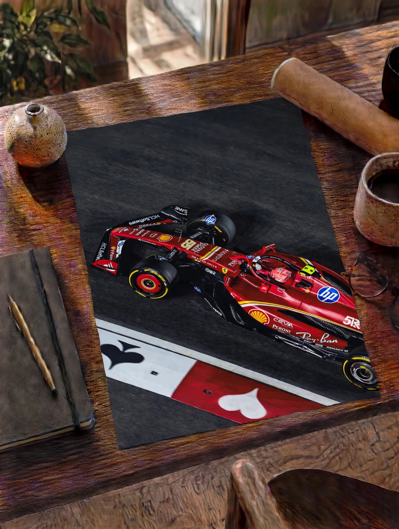 Motorsport wall art featuring a red formula race car on a racetrack with a dramatic overhead composition.