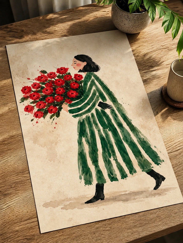 Flower Woman Watercolor Art Print photographed flat on a wooden surface to highlight its painterly floral details