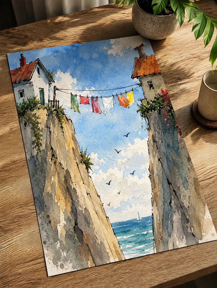 Mediterranean Street Watercolor Art Print photographed flat on wood, emphasizing textured walls and the luminous opening toward the coast