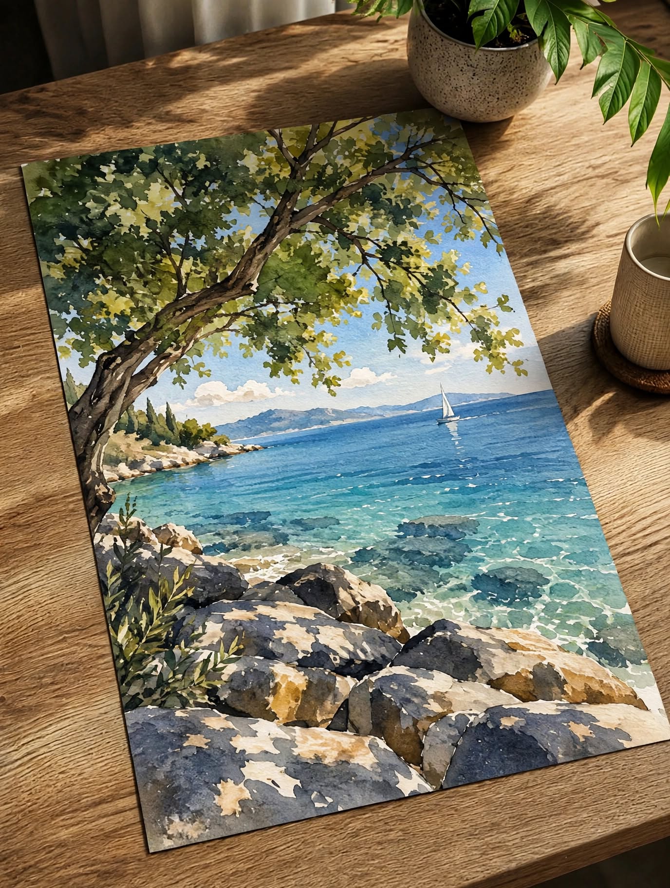 Mediterranean Coast Watercolor Art Print photographed at an angle on wood, highlighting watercolor textures across the rocky shore