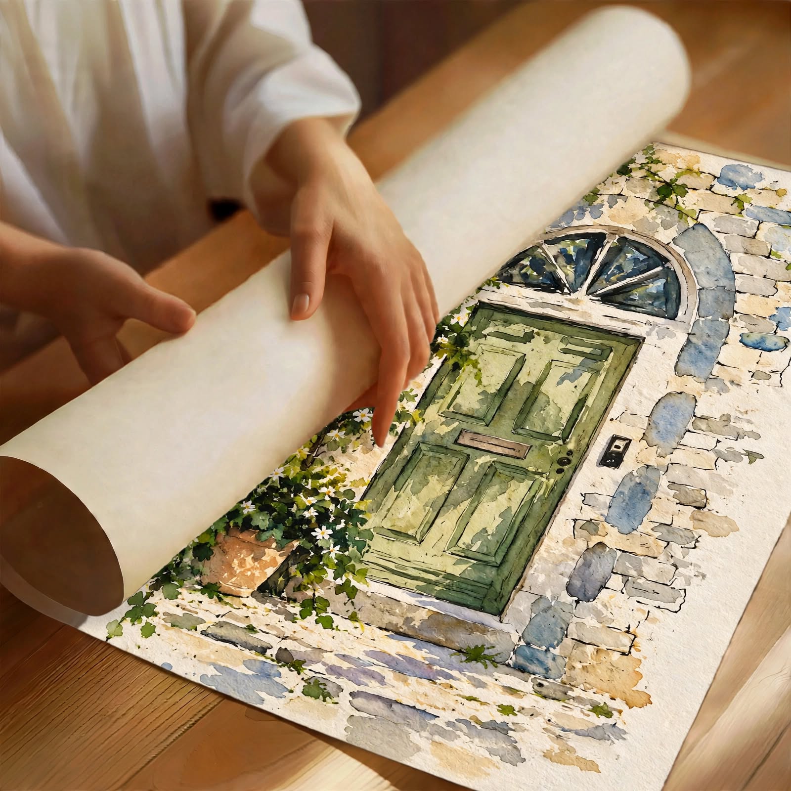 Mediterranean Door Watercolor Art Print partially rolled to reveal soft green washes, rustic masonry and botanical details
