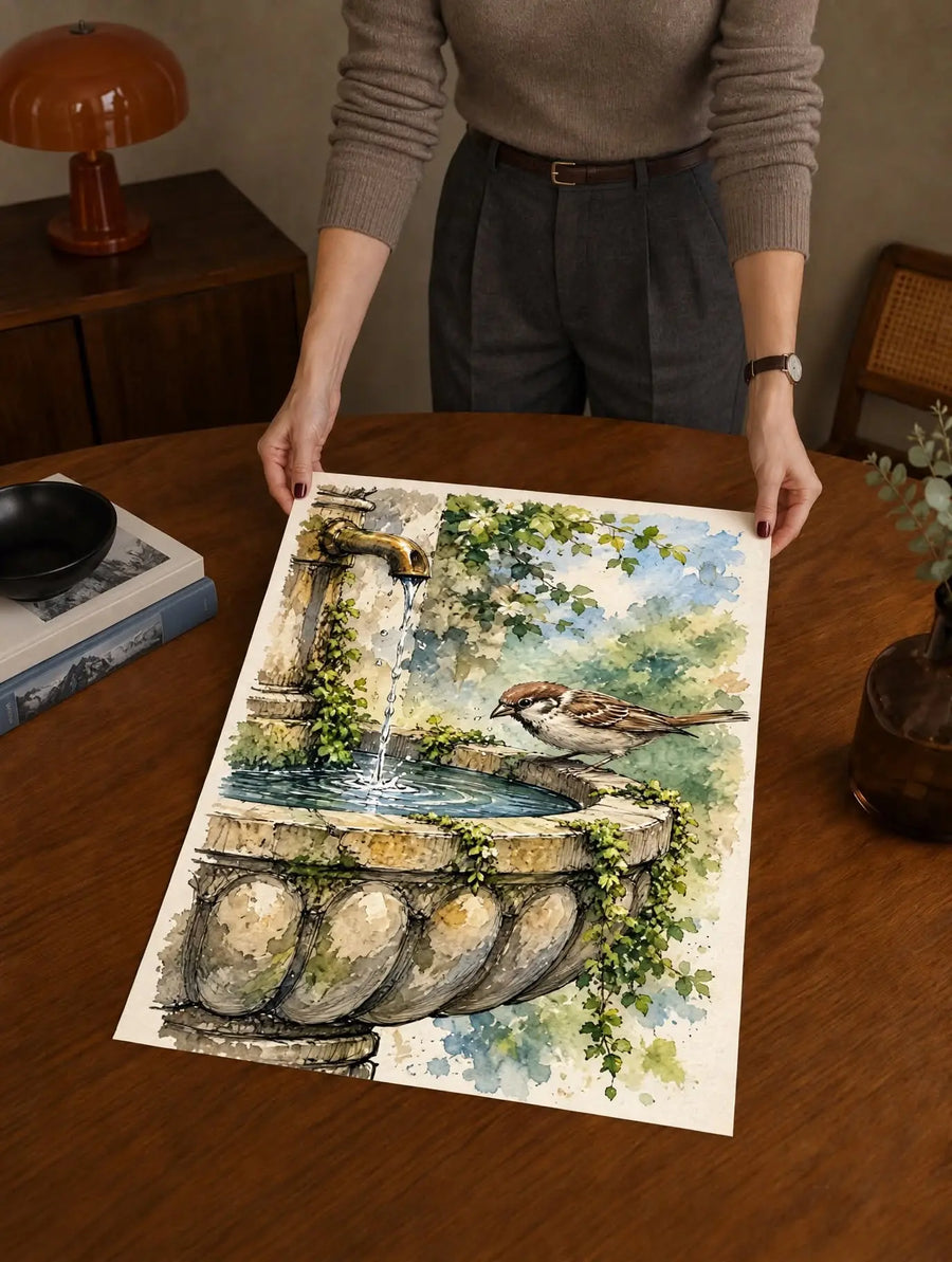 Bird Fountain Watercolor Art Print partially rolled to reveal the stone fountain, greenery and soft watercolor textures