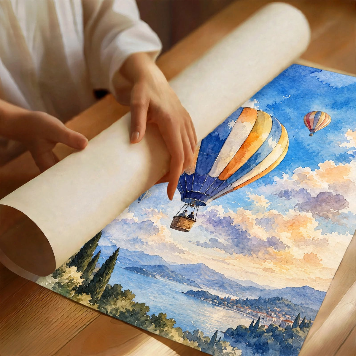 Hot Air Balloon Watercolor Art Print partially rolled to reveal the blue and orange balloon beneath a dramatic painted sky
