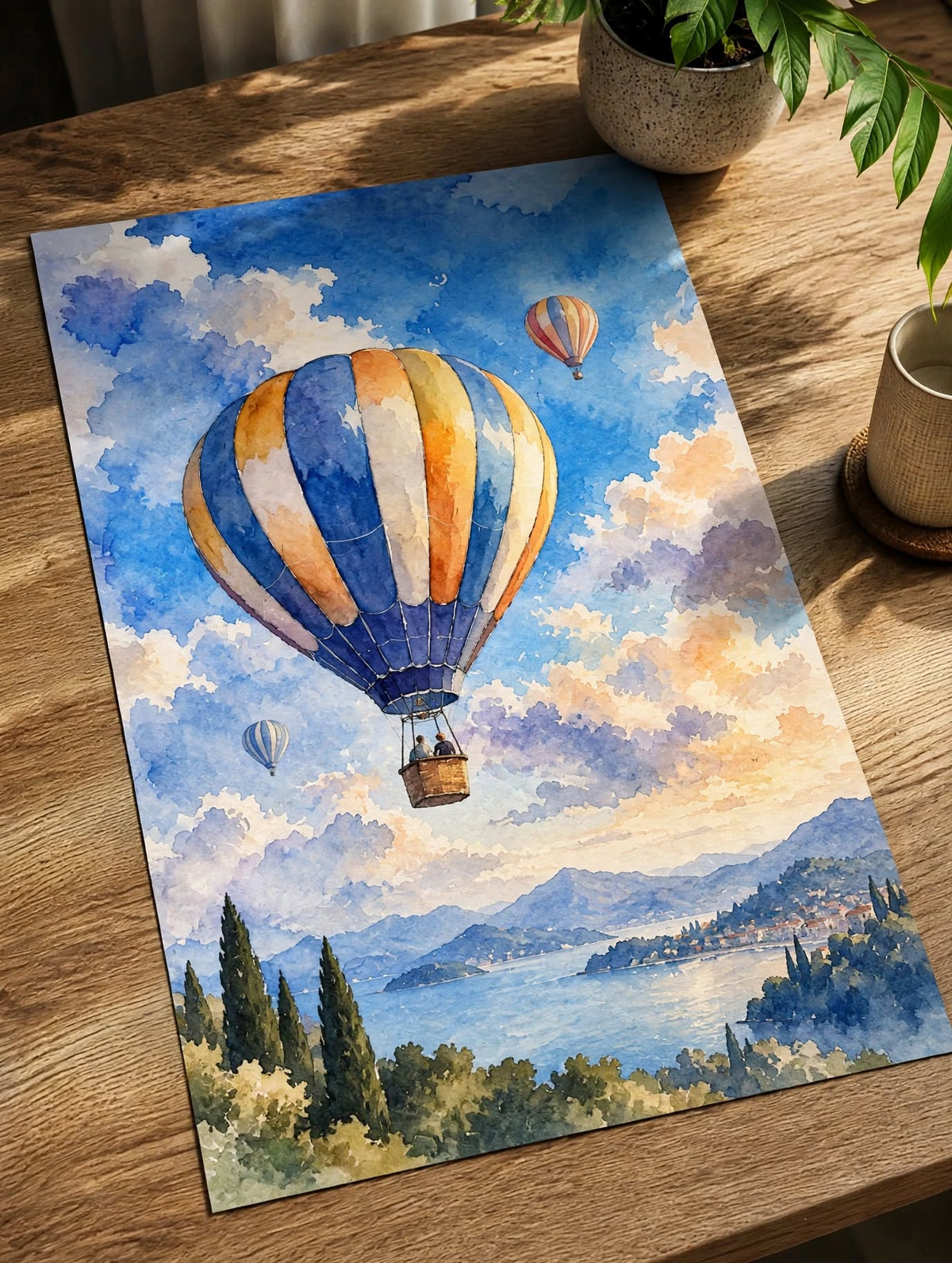 Hot Air Balloon Watercolor Art Print laid flat on a wooden surface with detailed landscape and cloud brushwork