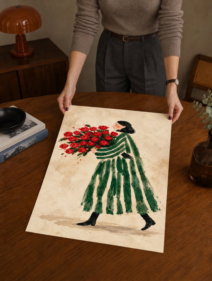 Flower Woman Watercolor Art Print laid flat on a dark wooden table with vivid red flowers and expressive green brushwork