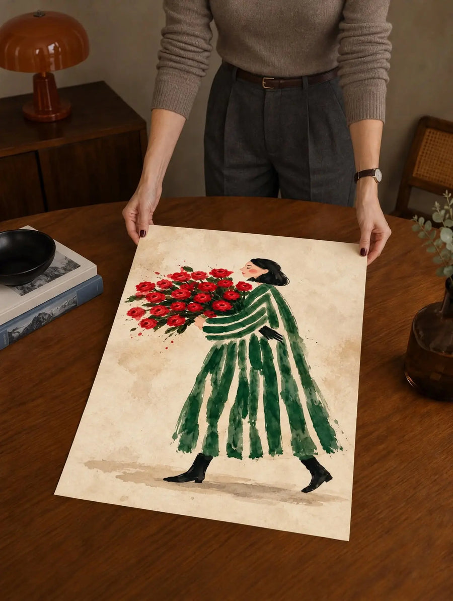 Flower Woman Watercolor Art Print laid flat on a dark wooden table with vivid red flowers and expressive green brushwork