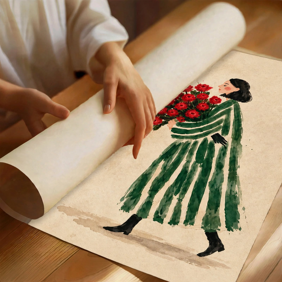 Flower Woman Watercolor Art Print partially rolled to reveal the watercolor texture, green striped dress and red bouquet