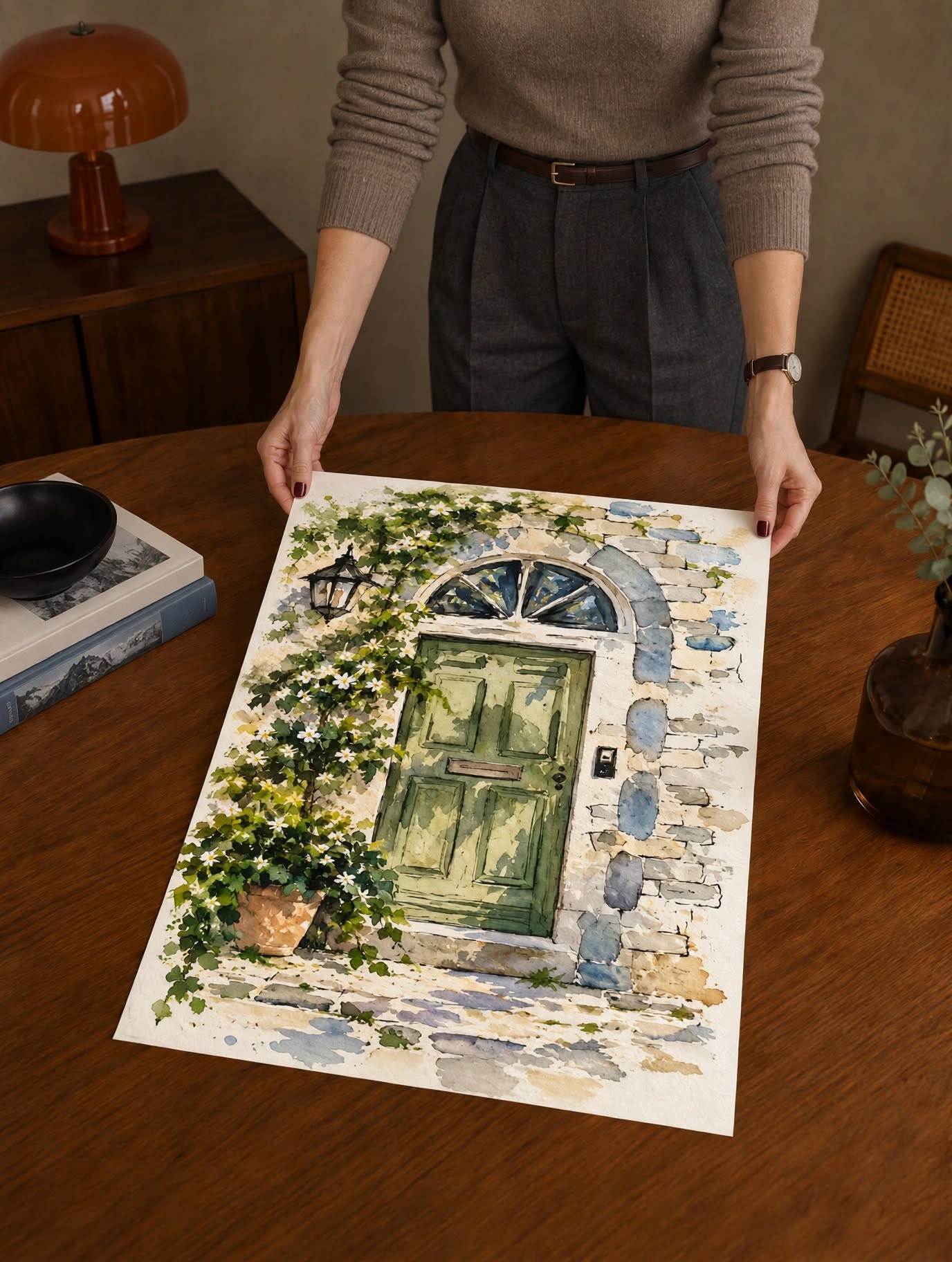 Mediterranean Door Watercolor Art Print laid on a dark wooden table, highlighting the aged entrance and loose architectural brushwork