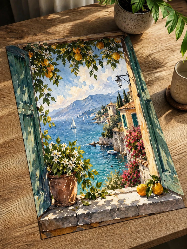 Mediterranean View Watercolor Art Print photographed at an angle on wood, emphasizing the shaded terrace and luminous sea beyond