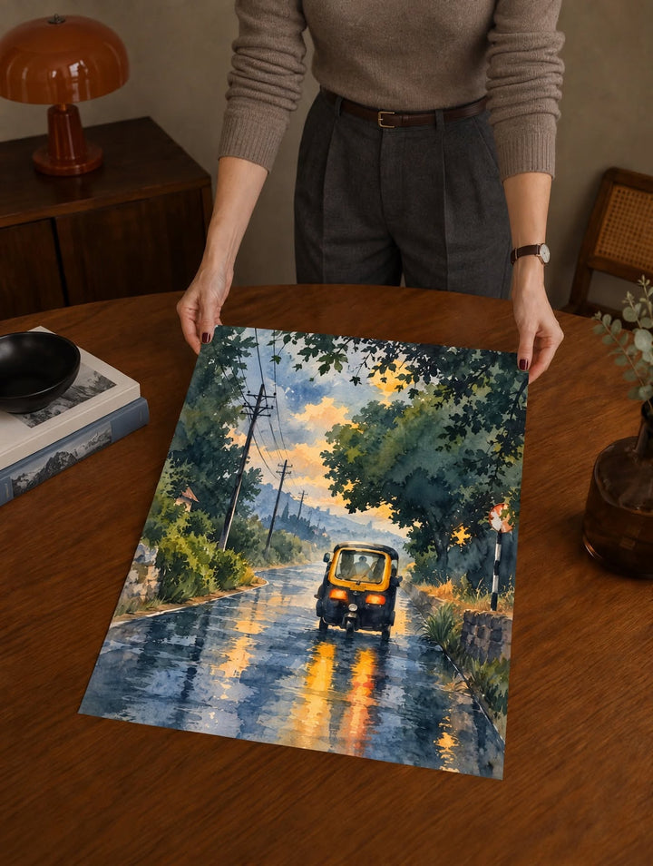 Rainy City Watercolor Art Print held vertically to reveal layered watercolor brushwork and reflective street details